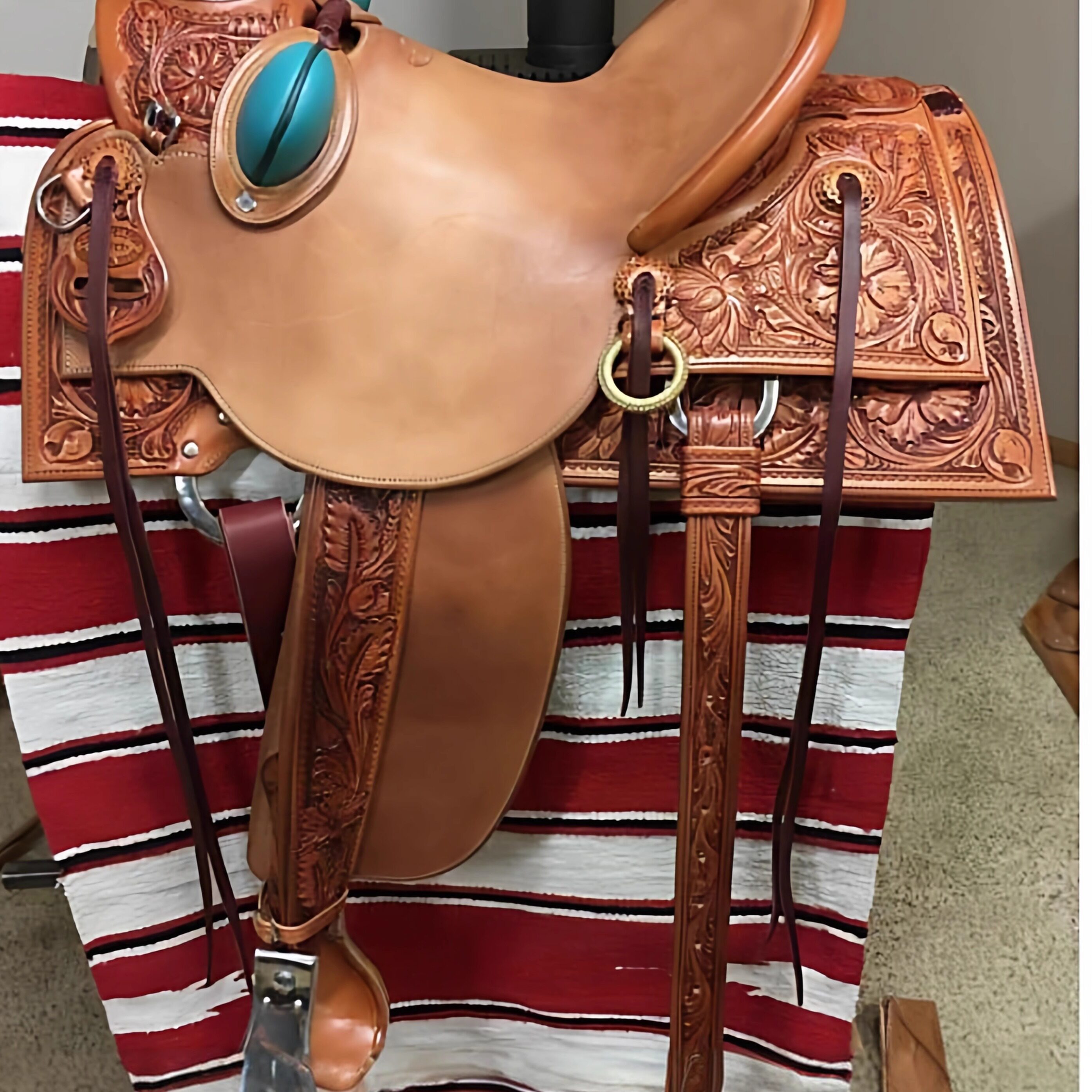 海外代购Saddle◎手作定制雕刻珍珠纽扣浅栗色16英寸西部木质马鞍
