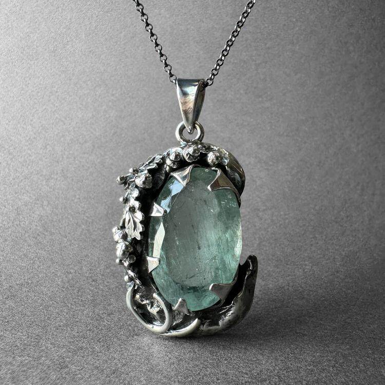土耳其代购Necklace㊣ 手作华丽天然海蓝宝石纯银雕刻橡树项链