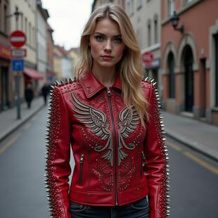 爱尔兰代购 手作奢华精致红色皮革铆钉刺绣摇滚乐队皮衣 Jacket㊣