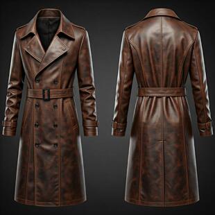 风衣皮衣 长款 美国代购 Trench◇手作哥特棕色皮革真皮腰带纽扣男士