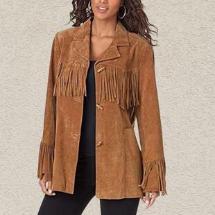 Native㊣海外代购 手作复古西部牛仔风流苏绒面皮棕色麂皮衣外套