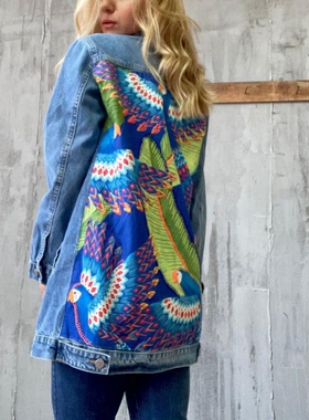 Patched㊣海外代购 手作波西米亚刺绣贴布金属扣中长款牛仔外套