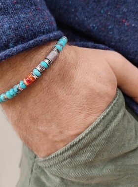 绿松石银珠串珠氧化纯银中性手链