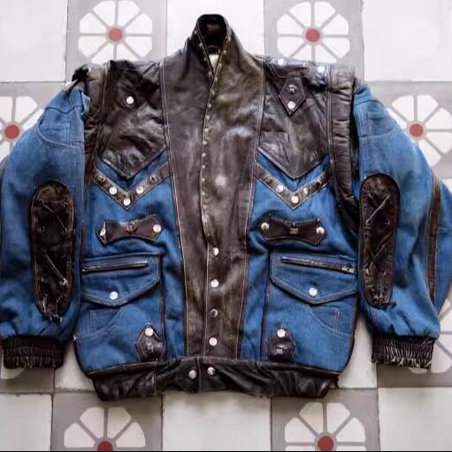 法国代购Jacket㊣ 古着收藏80年代哥特朋克铆钉牛仔皮革拼布夹克