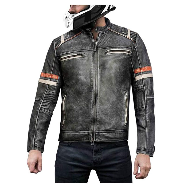 美国代购Biker◇手作复古男士摩托车赛车条纹黑色真皮皮夹克皮衣