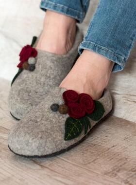 乌克兰代购Flower㊣ 手作柔软舒适透气天然灰色羊毛毛毡居家拖鞋