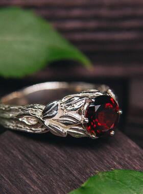 纯银天然石榴石宝石镶嵌戒指订婚