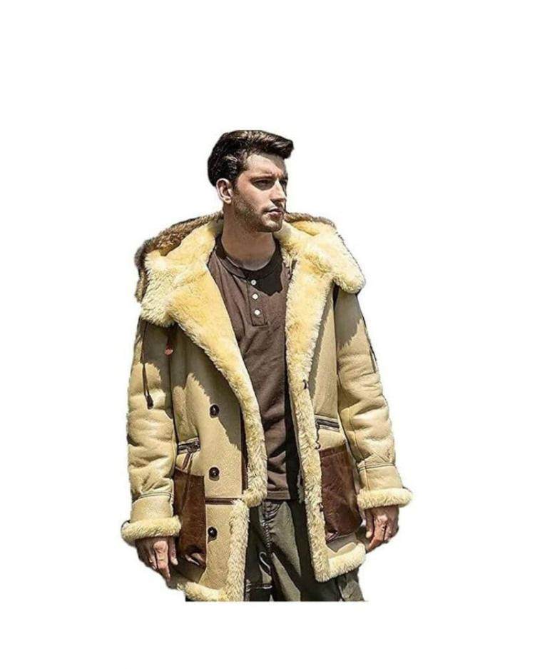 英国代购Coat▼手作连帽米色B3飞行员剪羊毛皮男式冬季夹克大衣