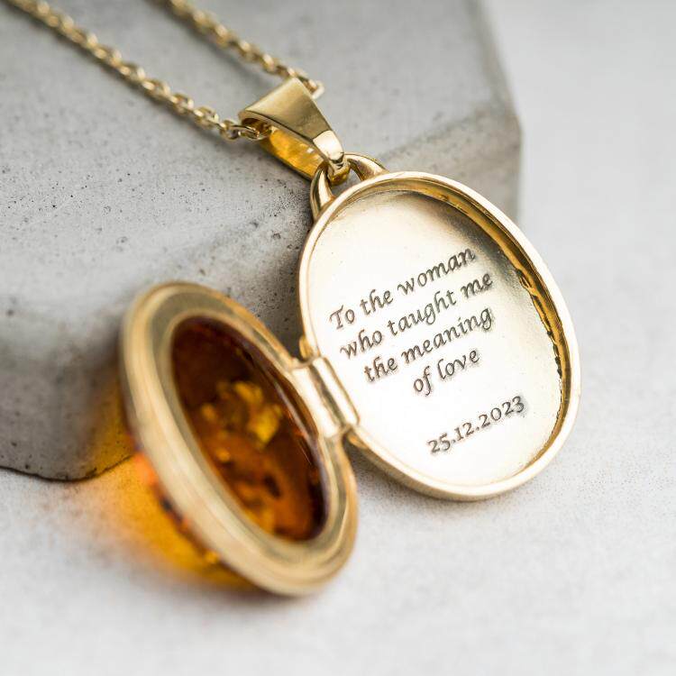 英国代购Amber◇手作波罗的海琥珀刻字照片小盒24k镀金纯银项链