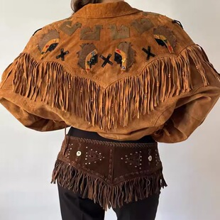 乌克兰代购 古着波西米亚西部牛仔麂皮流苏串珠夹克外套 Jacket㊣