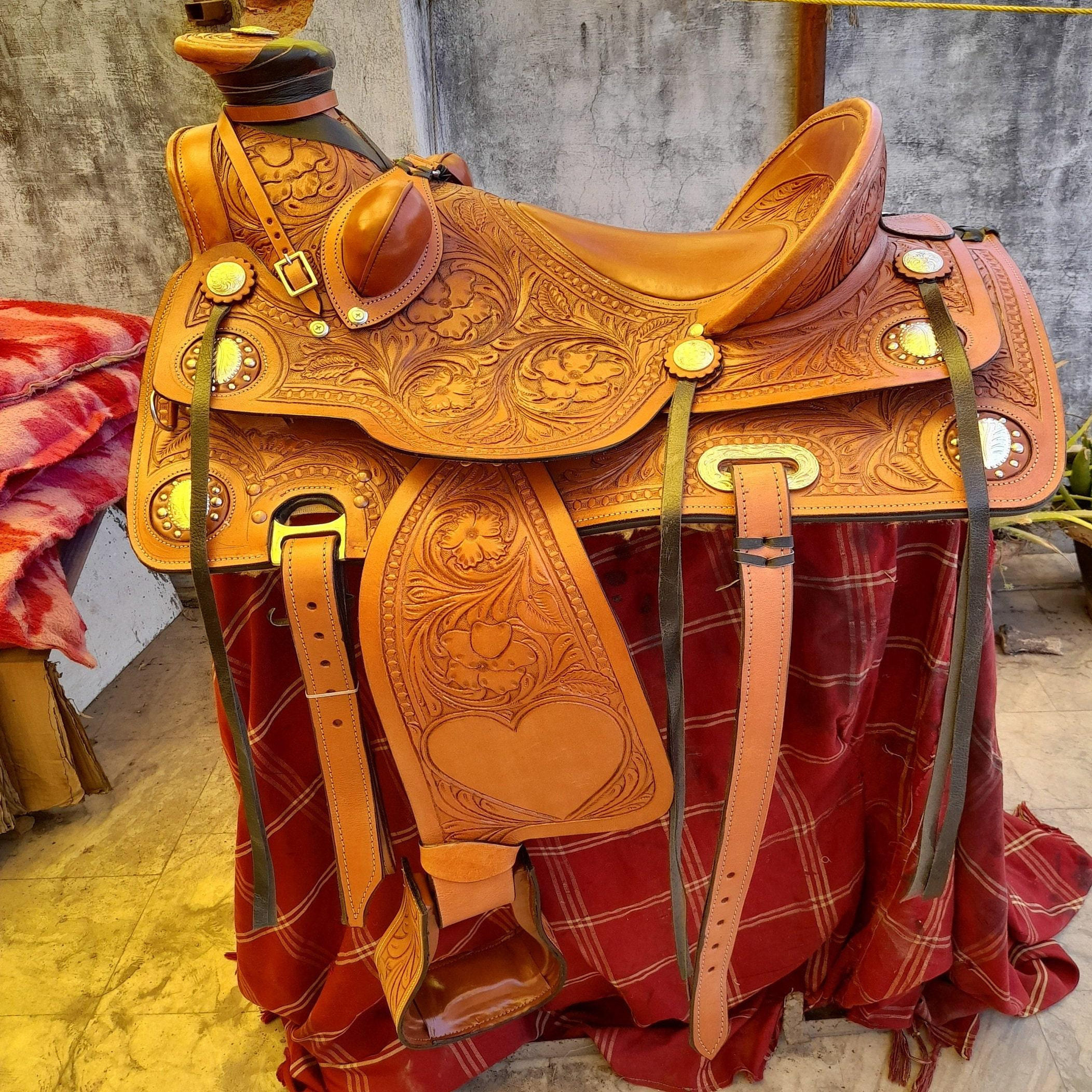 海外代购Saddle手作定制手工雕刻桶形休闲西部皮革棕色木质马鞍