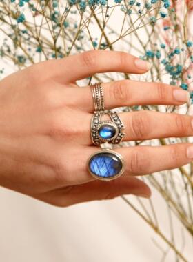 叶子天然拉长石蓝色宝石纯银戒指