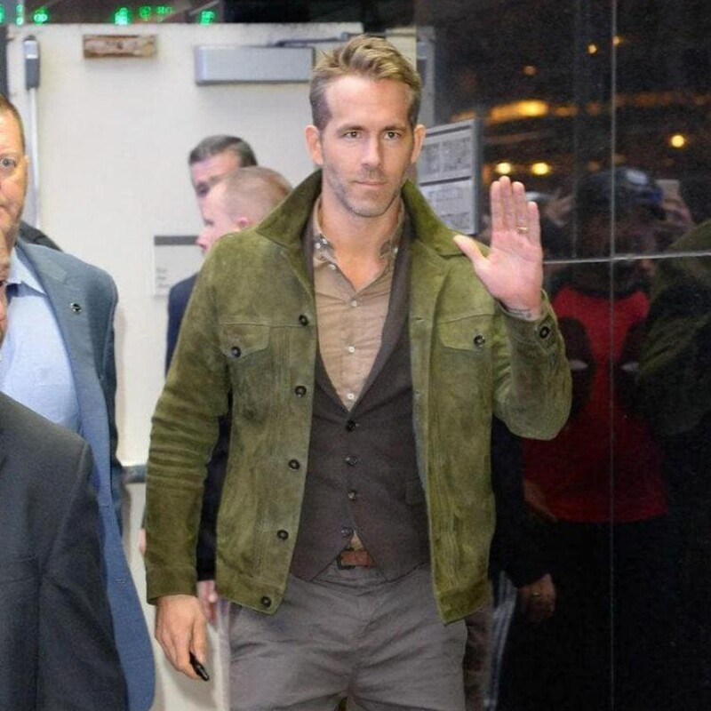 海外代购Green◇手作经典绿色真皮麂皮纽扣男士摩托车皮衣夹克