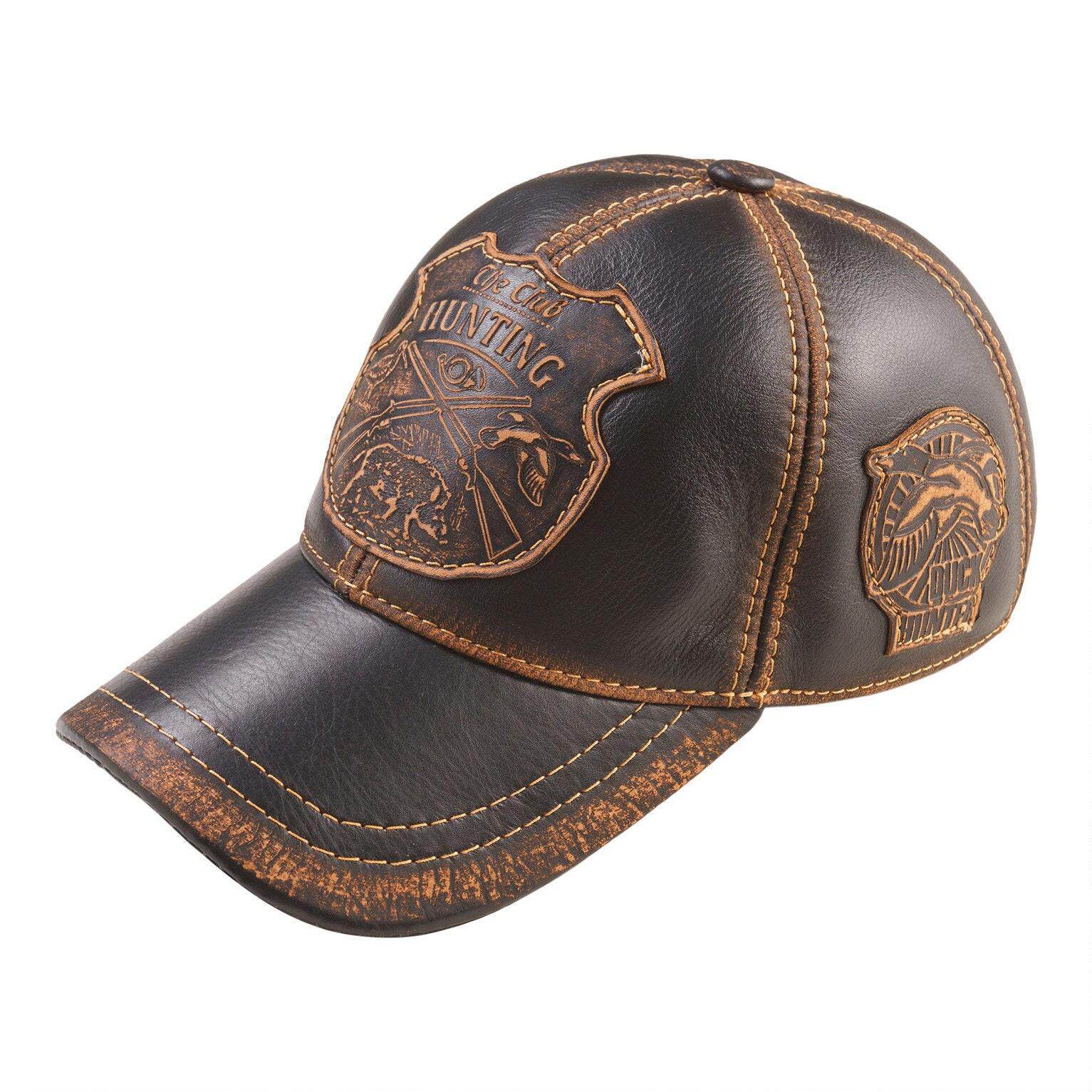 美国代购Cap㊣ 手作做旧黑色真皮皮革压纹狩猎俱乐部徽章棒球帽
