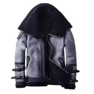 Winter㊣海外代购 保暖皮衣 手作复古奢华黑色毛领灰色真皮冬季