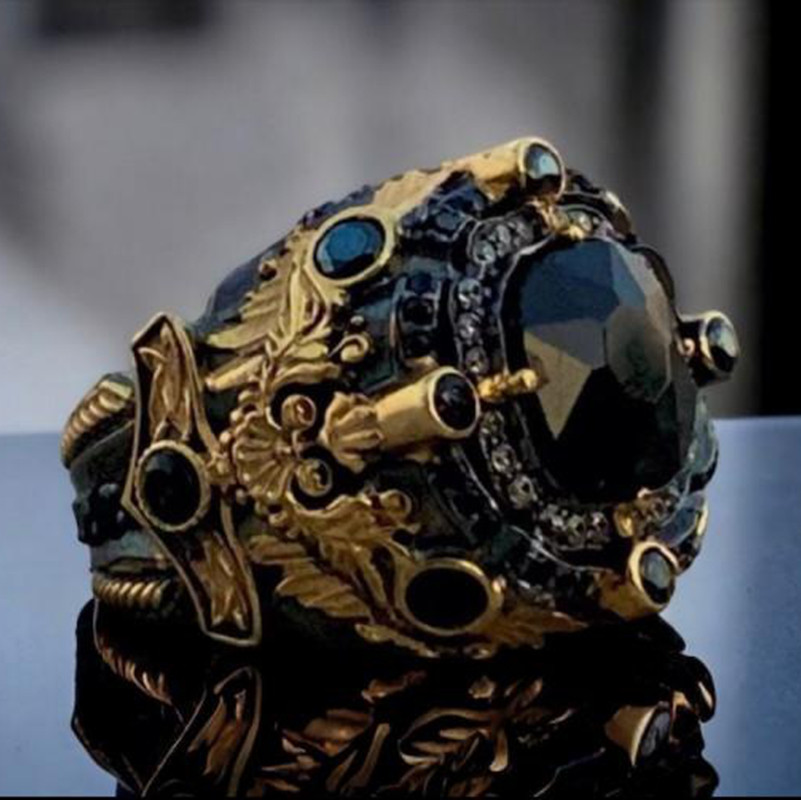 海外代购Onyx◇手作巴洛克风玛瑙宝石镶嵌凹雕纯银镀金男士戒指