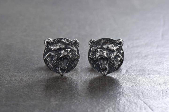 俄罗斯代购Bear◇手作复古艺术熊动物抛光氧化纯银男士礼物袖扣