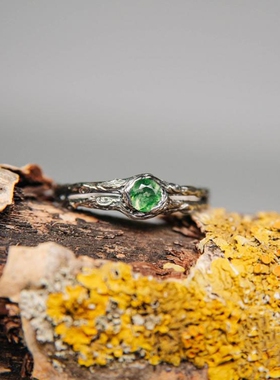 女纯银复古天然苔藓玛瑙戒指镶嵌