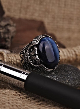 情侣纯银复古蓝色虎眼石戒指镶嵌