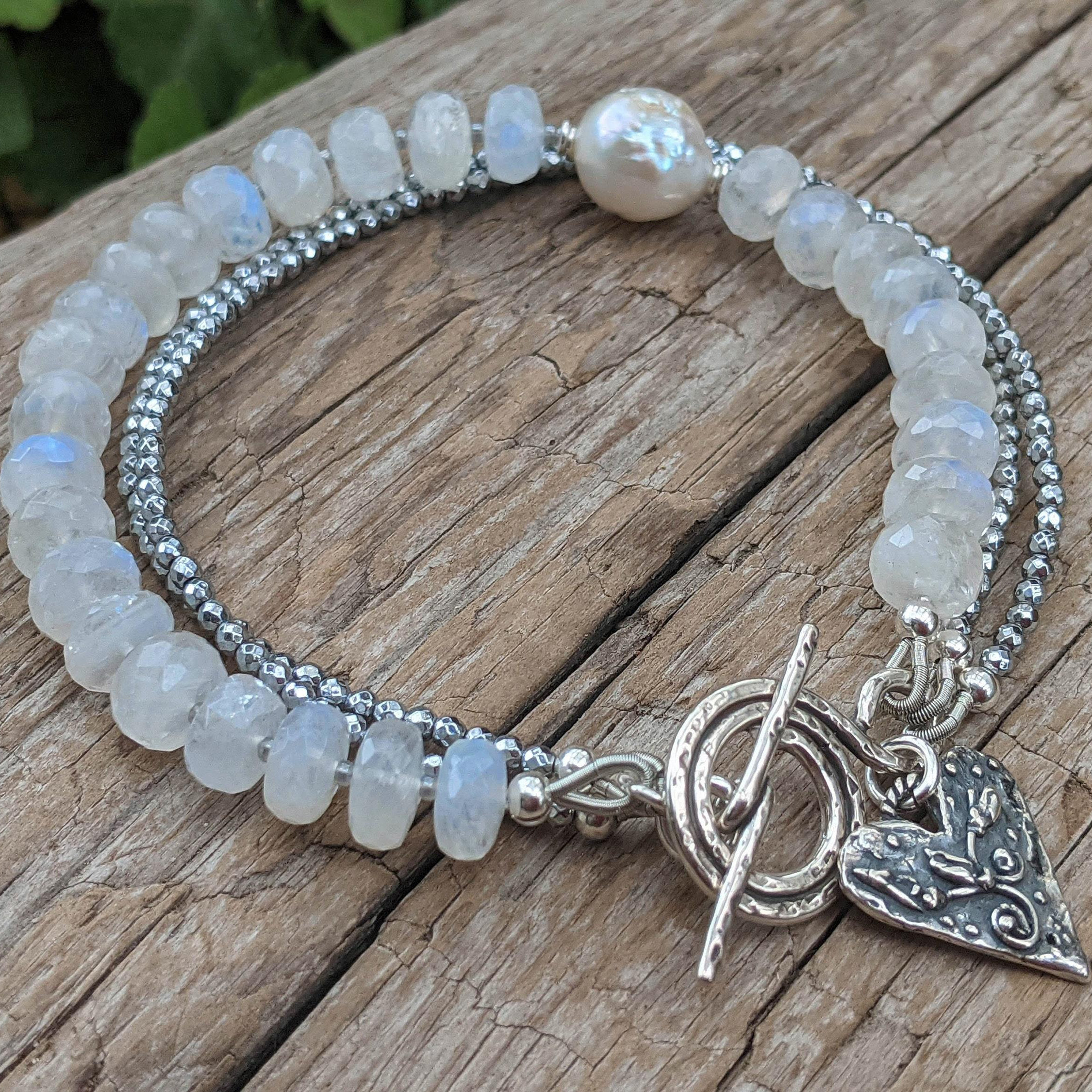 加拿大代购Bracelet◎手作银色赤铁矿爱迪生珍珠彩虹月光石手链