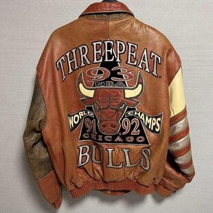 美国代购Leather ▼古着湖人队芝加哥公牛队全皮棕色夹克皮衣外套