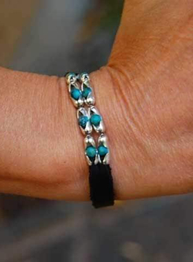 纯银复古黑色皮革绿松石手链镶嵌