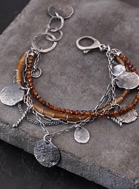 波兰代购Garnet◇手作橙黄色石榴石宝石串珠叠戴银盘氧化纯银手链