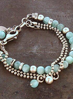 纯银柔和绿色玉石宝石链条手链