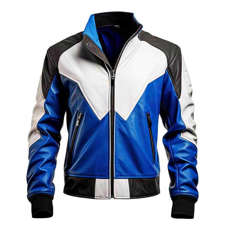 Racer㊣海外代购 手作迷人白蓝羊皮骑行拉链真皮夹克摩托车皮衣