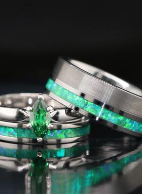 美国代购Wedding㊣ 手作绿色蛋白石方晶锆石华丽三件套组合戒指