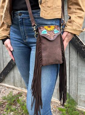 美国代购Sunflower㊣ 手作波西米亚风向日葵花朵皮革流苏斜挎包