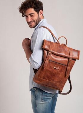 希腊代购Rolltop◇手作经典纯色卷顶真皮牛皮电脑包情侣双肩背包