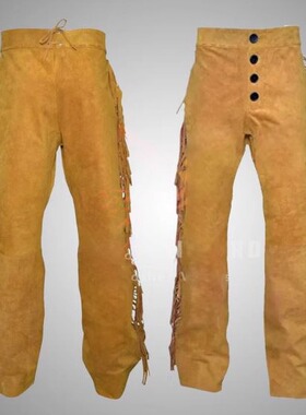 英国代购Cowboy㊣ 手作波西米亚西部棕色鹿皮珠饰绒面革长裤皮裤
