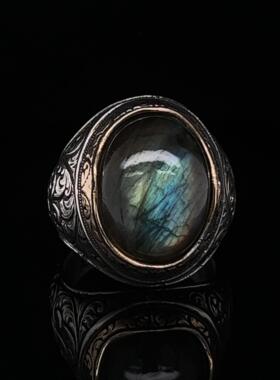 拉长石宝石镶嵌纯银定制刻字戒指