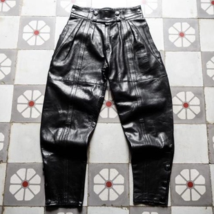 法国代购 Lamb◇古着复古华丽柔软黑色羔羊皮真皮马雕纽扣褶皱皮裤