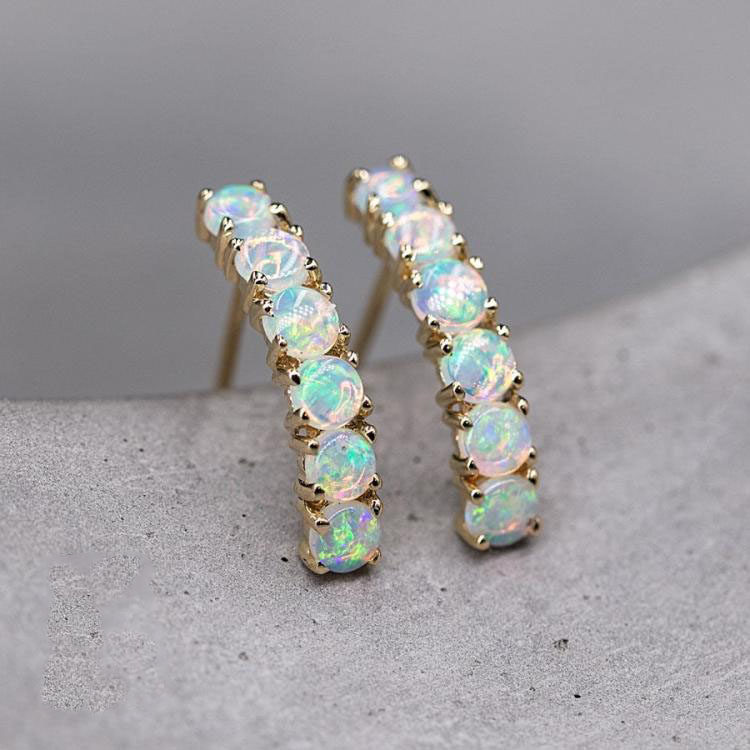 美国代购Opal◇手作精致天然实心蛋白石宝石镶嵌14K黄金耳钉耳环
