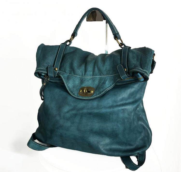海外代购Backpack㊣ 手作简约柔软仿旧蓝色软皮革手提双肩背包
