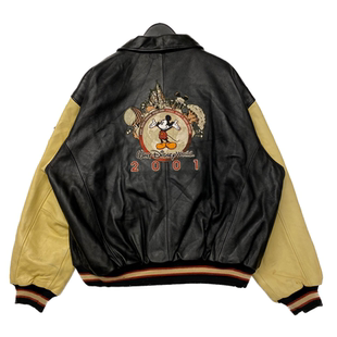 加拿大代购 古着卡通米老鼠黑色皮革拼接翻领夹克皮衣 Jacket㊣