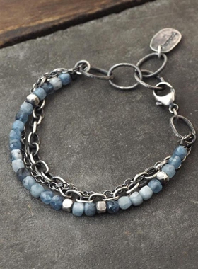 海蓝宝石串珠银珠纯银中性手链