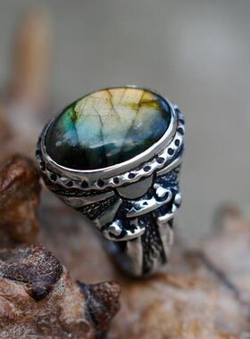 印尼代购Labradorite◇手作复古天然拉长石宝石镶嵌纯银雕刻戒指
