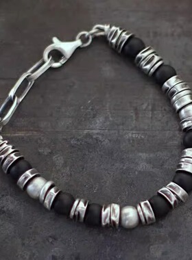 黑色玛瑙绿松石银链银珠纯银手链