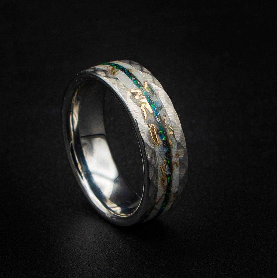 荷兰代购Wedding㊣ 手作夜光粉木纹金绿色火彩黑蛋白石陨石戒指