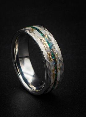 荷兰代购Wedding㊣ 手作夜光粉木纹金绿色火彩黑蛋白石陨石戒指