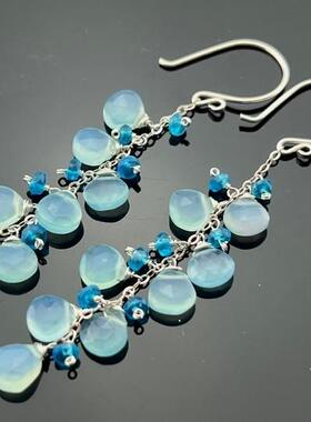 Apatite㊣美国代购 手作迷人美丽蓝色玉髓鳞灰石坠落925纯银耳环