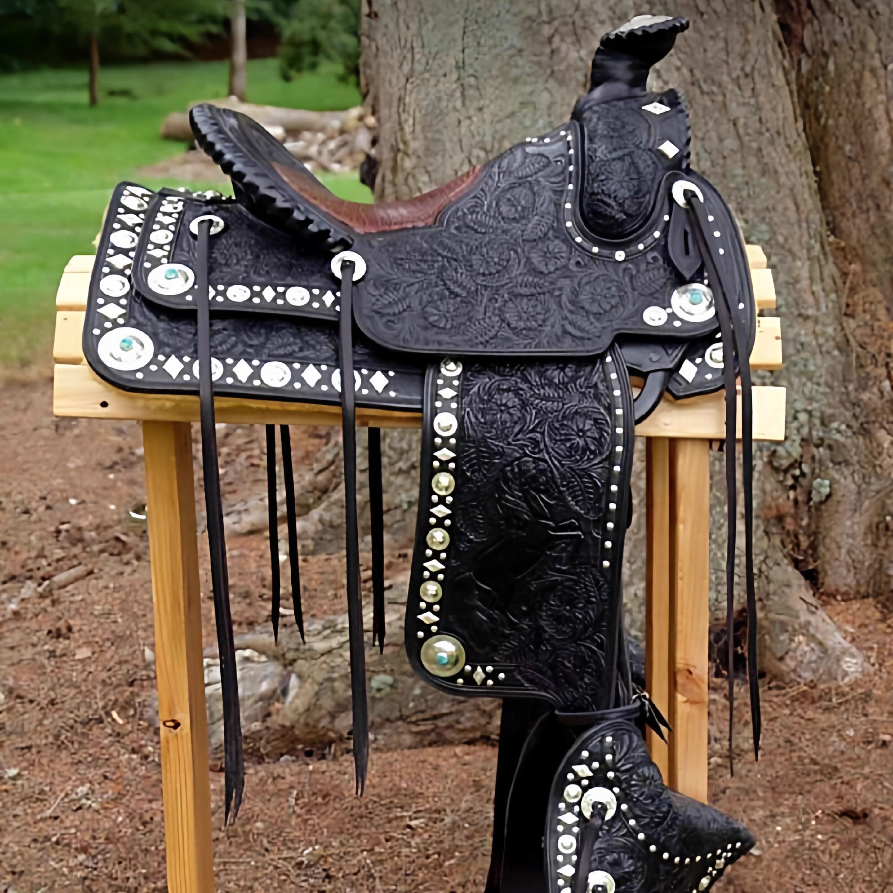 海外代购Saddle◎手作定制雕花搭配马笼头胸带等配件西部表演马鞍