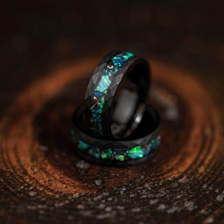 美国代购Opal◇手作复古陨石祖母绿欧泊镶嵌黑色锤击碳化钨戒指