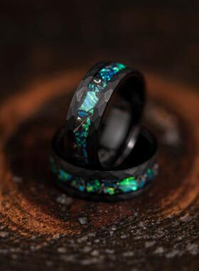 情侣碳化钨陨石祖母绿欧泊戒指