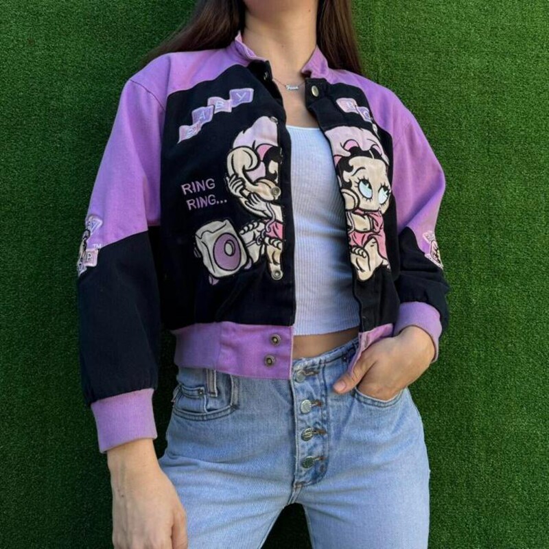 美国代购Jacket◇古着复古经典卡通娃娃打电话黑紫色夹克短外套