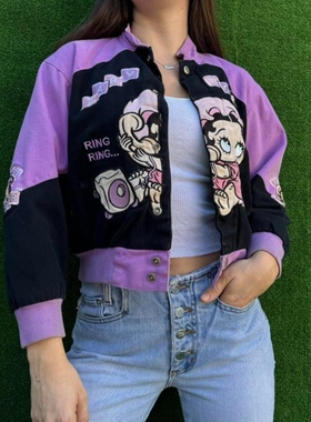 美国代购Jacket◇古着复古经典卡通娃娃打电话黑紫色夹克短外套