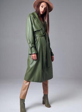 乌克兰代购Leather㊣ 手作精致绿色皮革双排扣束腰带长款大衣风衣